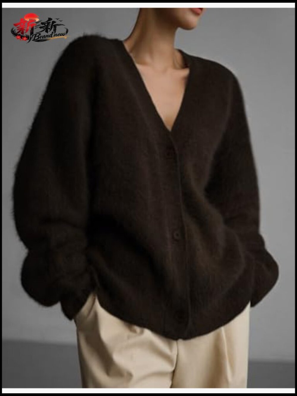 V Neck Fuzzy Knit Cardigan Sweater Button Down Slouchy Long Sleeve - Picture 3 of 7